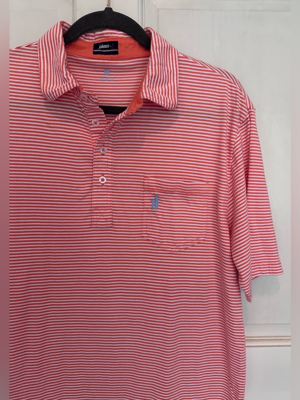 Johnnie-O mens L Striped Orange Short Sleeve Pocket POLO Cotton SHIRT preppy